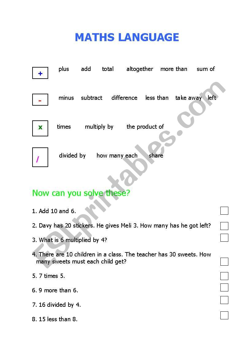 Maths language worksheet