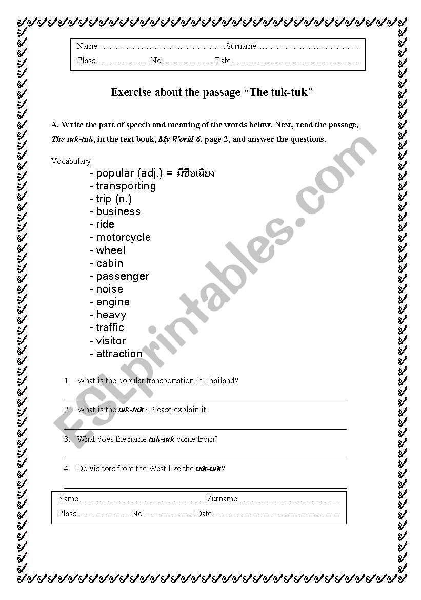 ex of reading . tuk-tuk worksheet