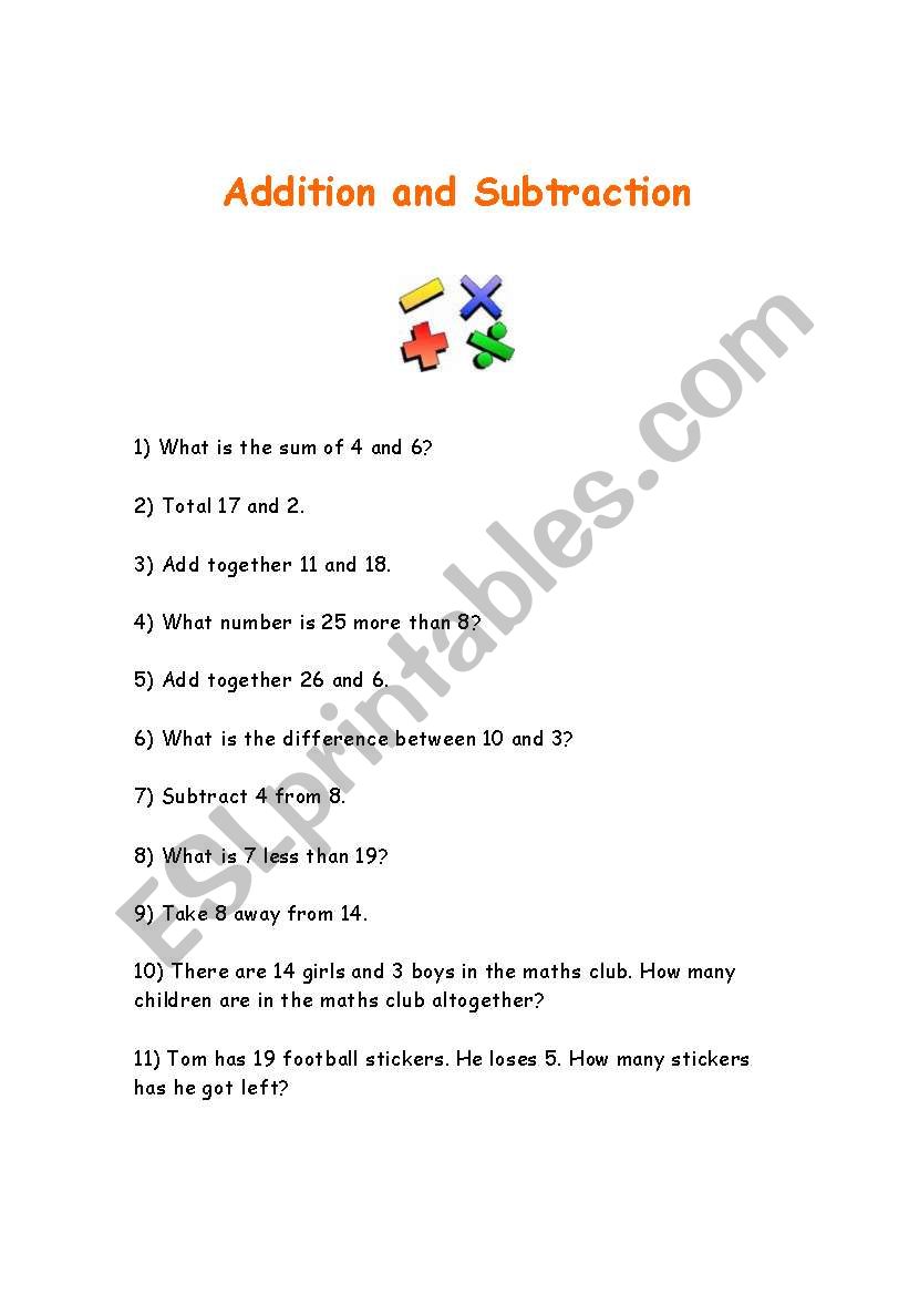 addition and subtraction worksheet