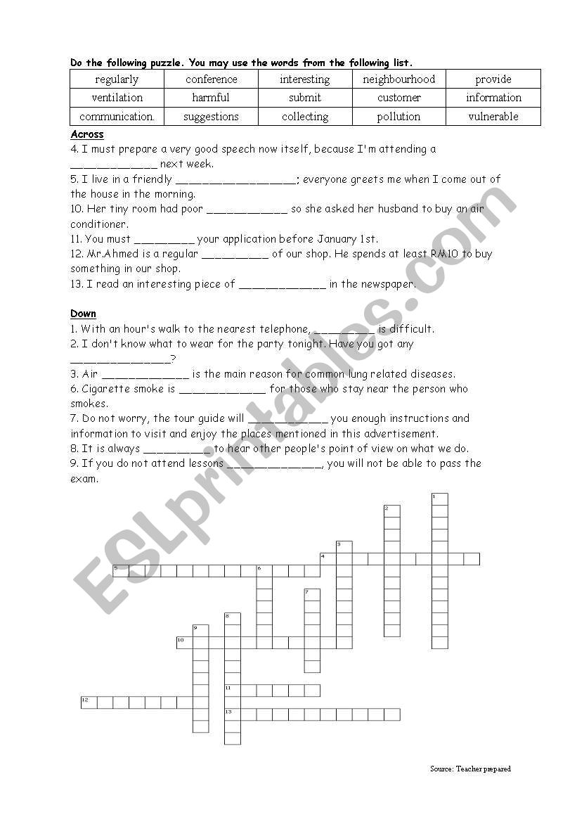 A crossword Puzzle for intermediate Students