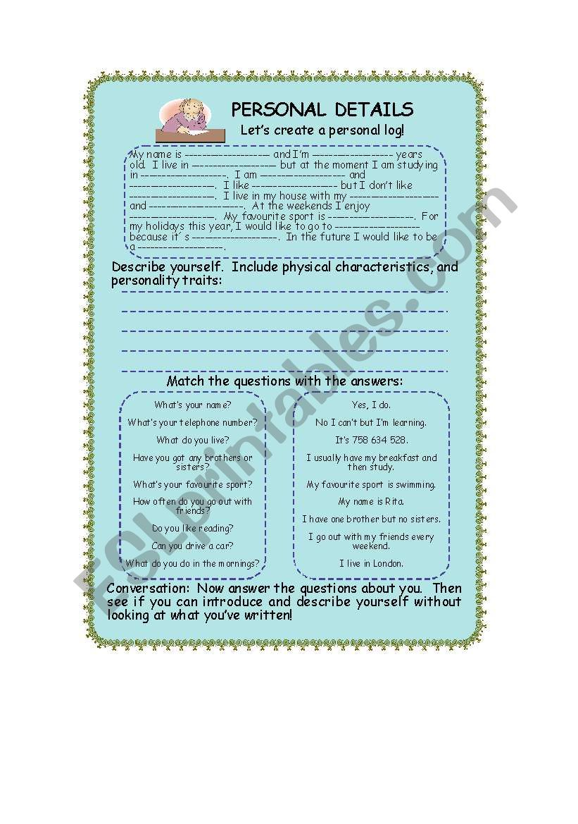 Personal Details worksheet