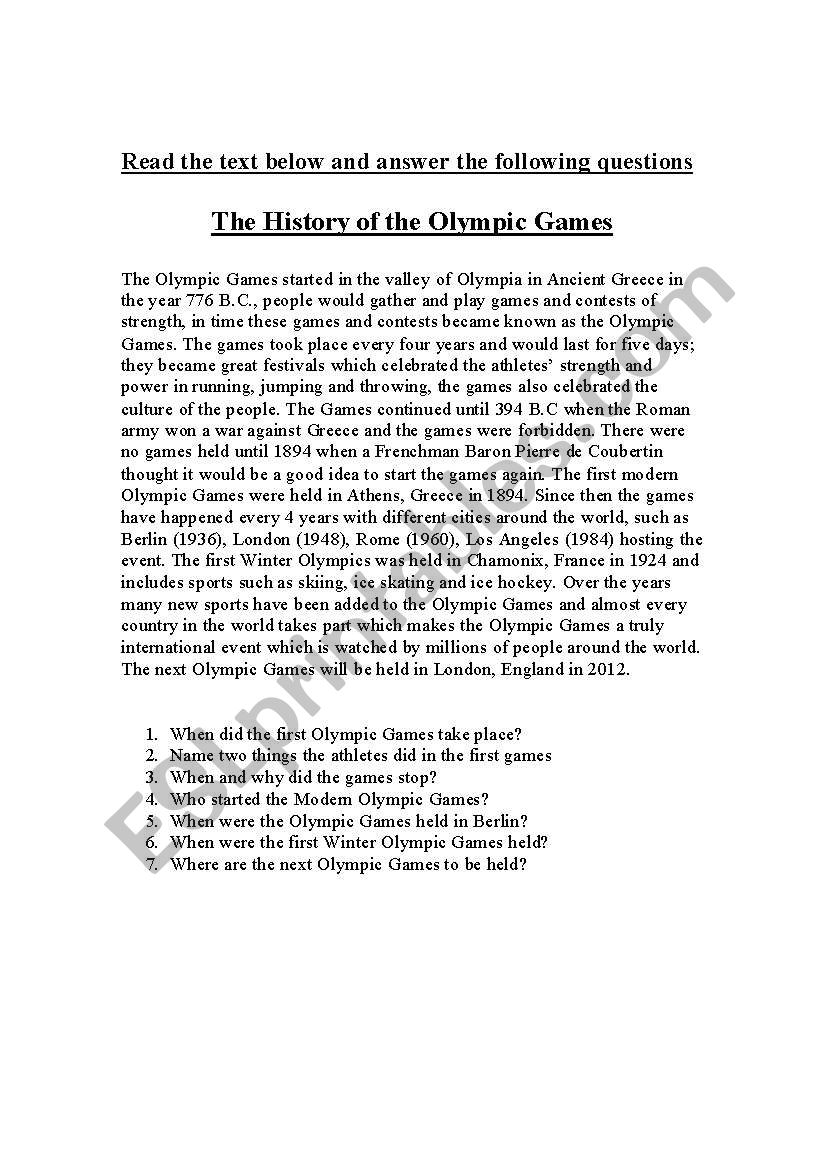 history of olympic games worksheet