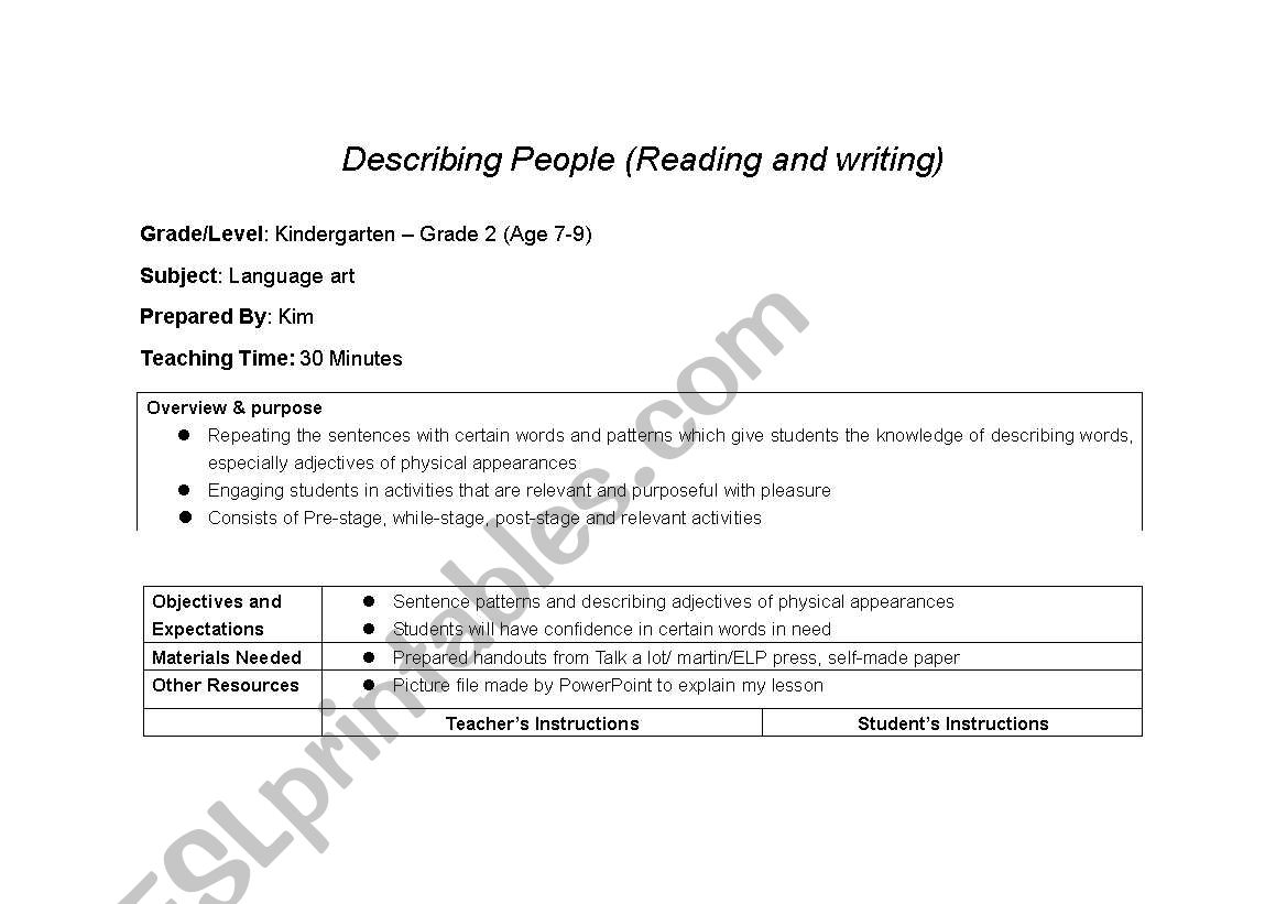 the lesson plan for adjectives for people appearance