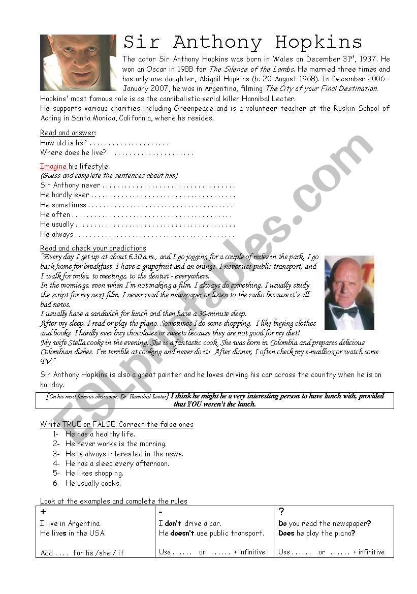 Sir Anthony Hopkins worksheet