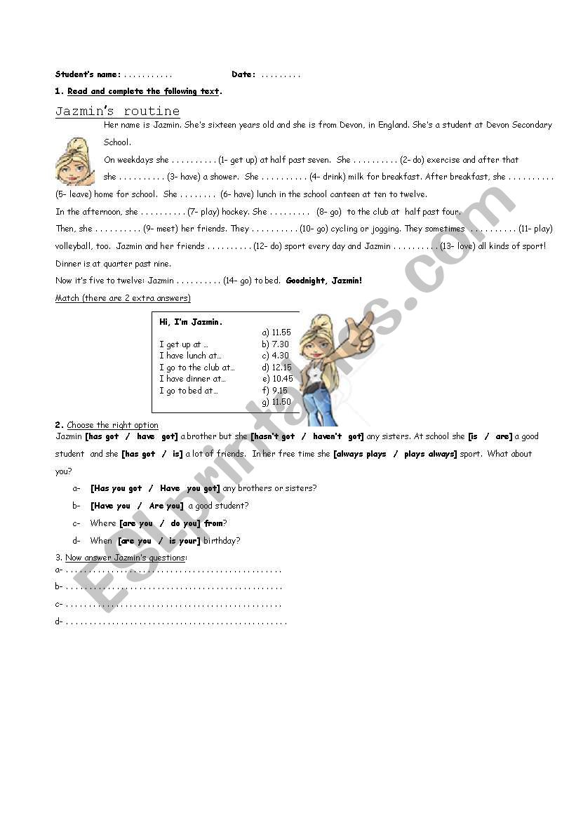 Jazmins routine worksheet