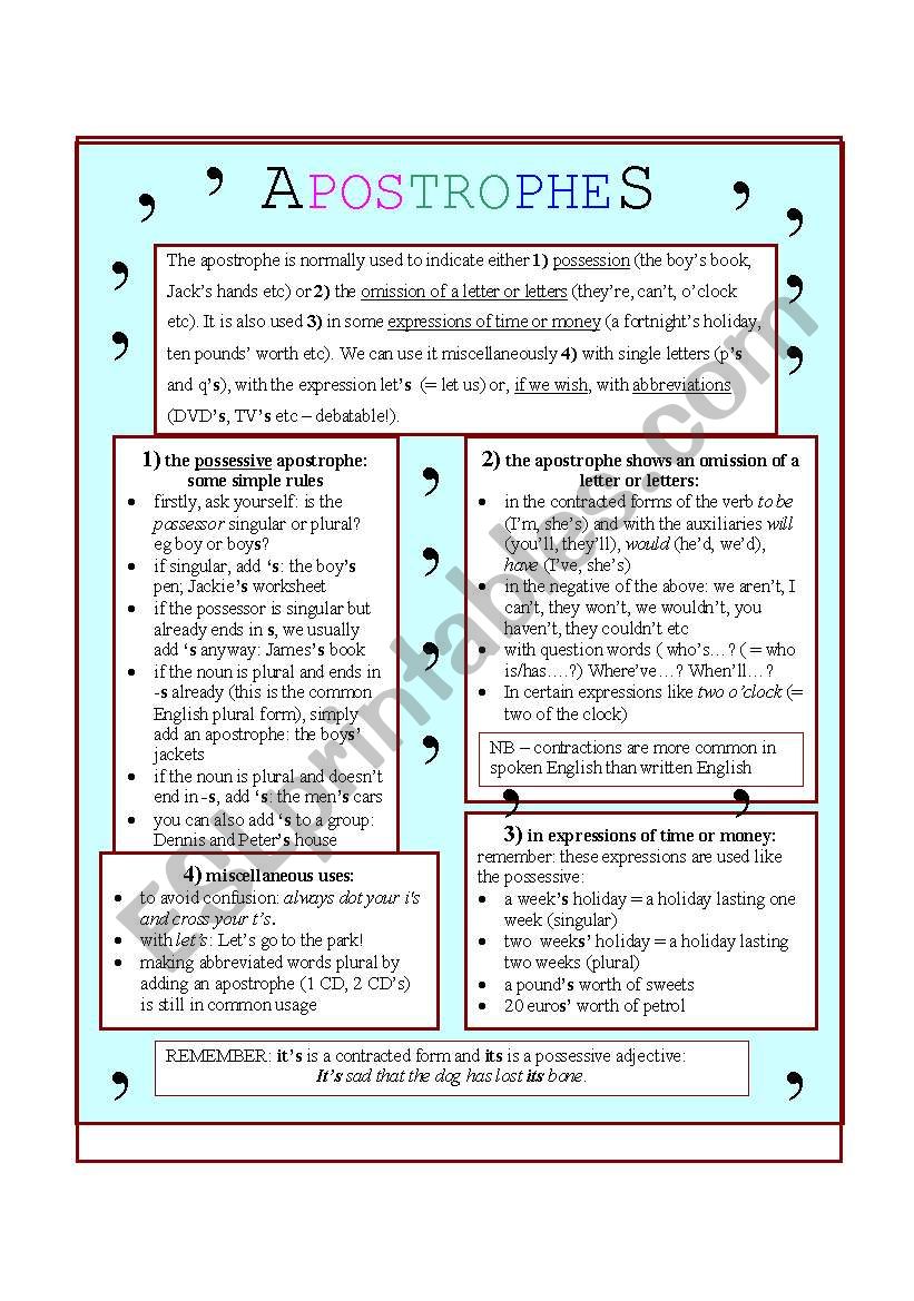 APOSTROPHES: usage and exercises (2 pages) APOSTROPHES: usage and exercises (2 pages)