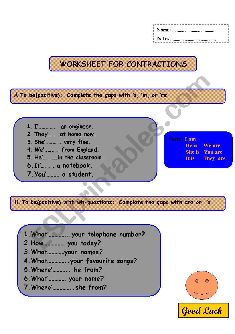 Contractions worksheet