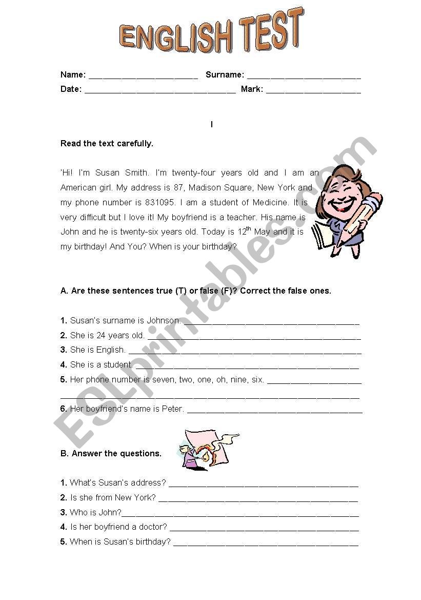 English Test worksheet