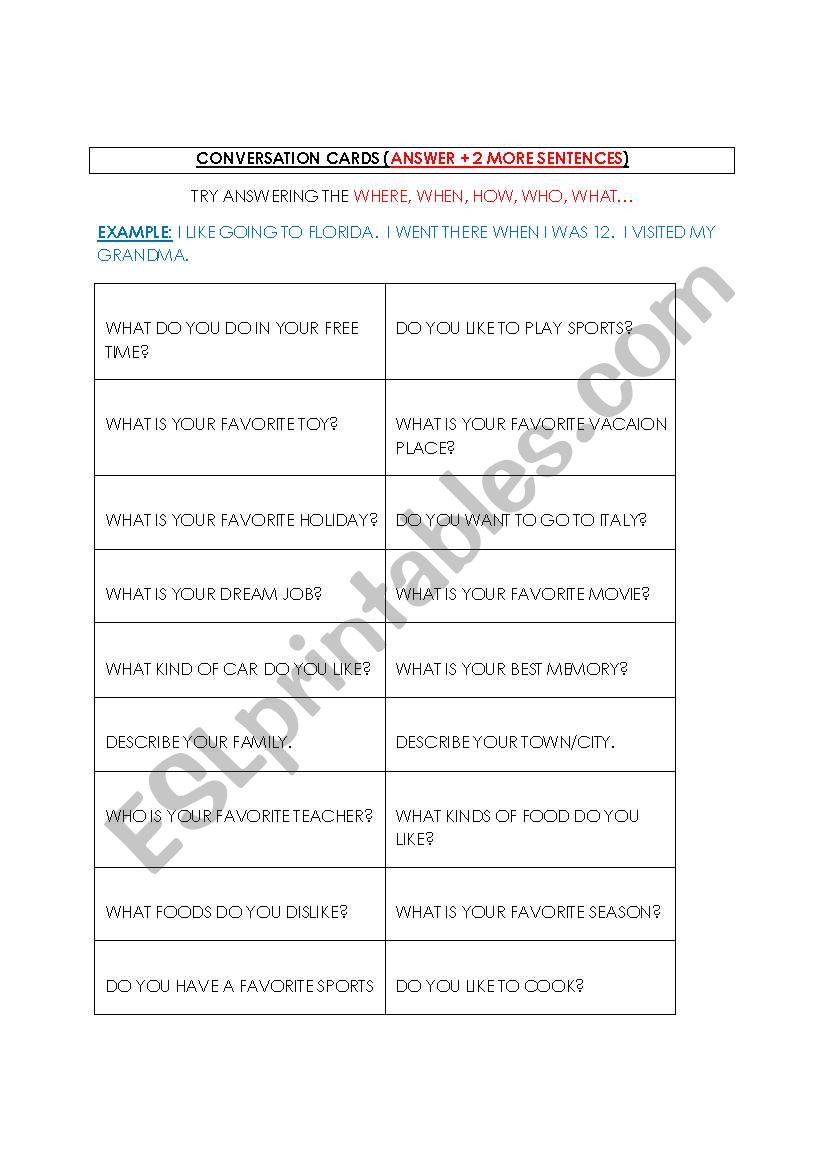 Conversation Cards (say answer + 2 more sentences)