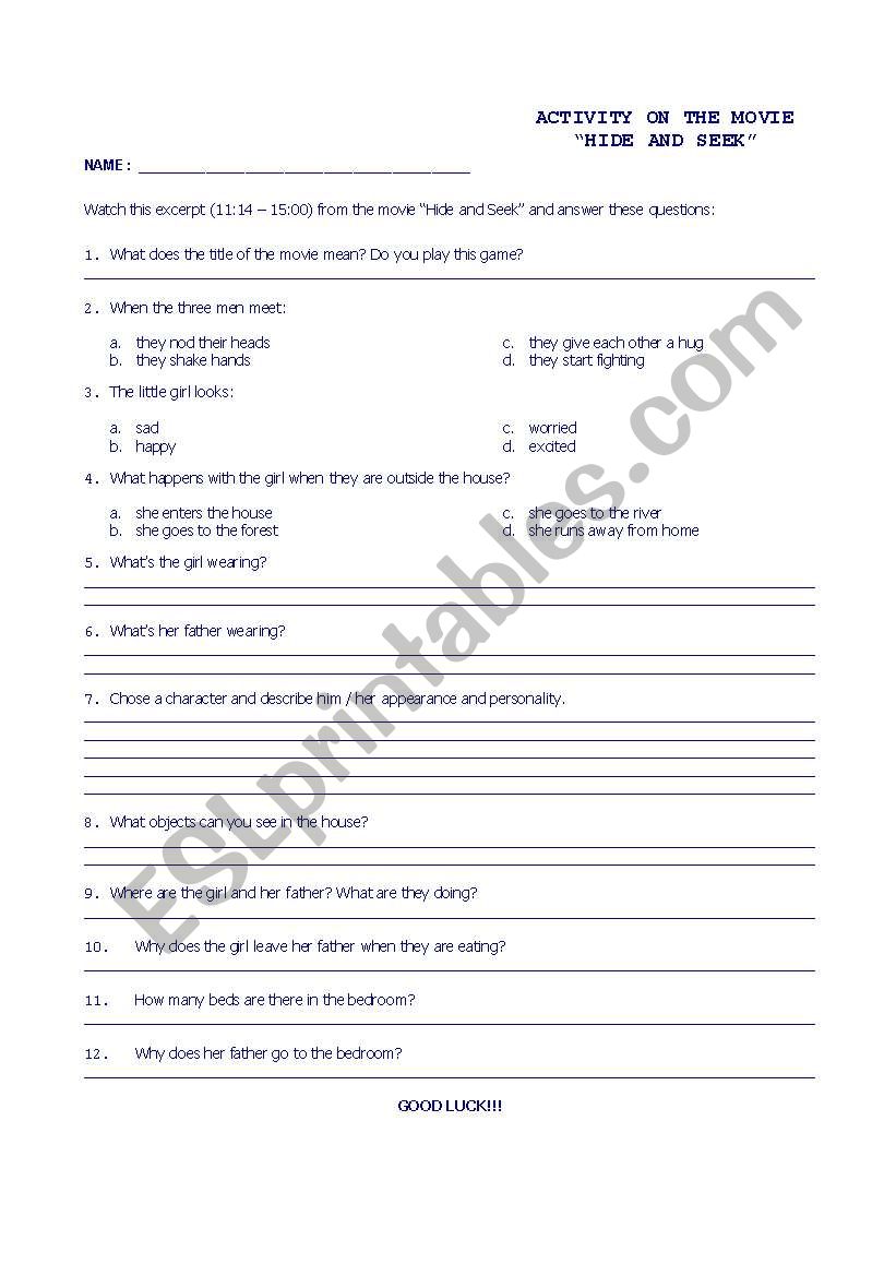 movie: hide and seek worksheet