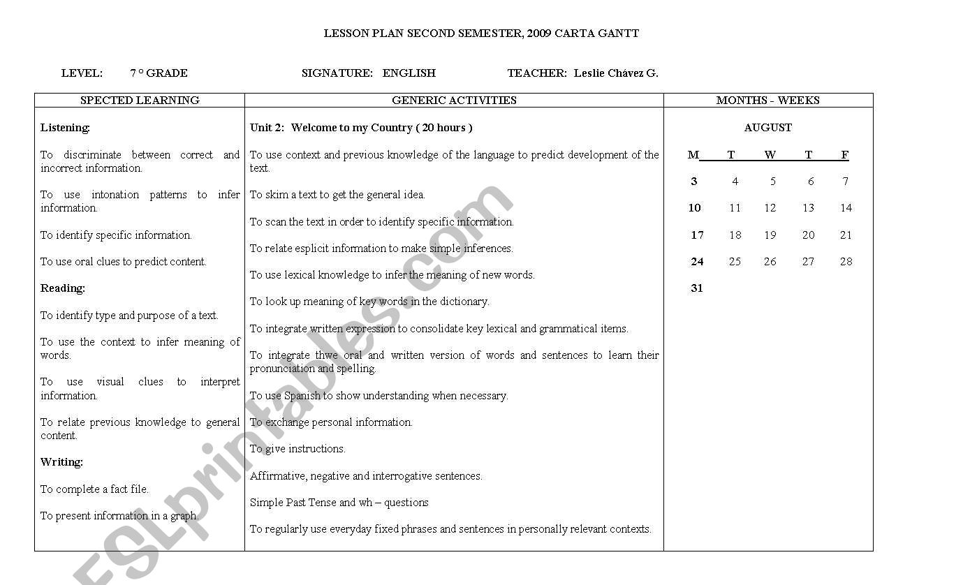 lesson plans second semester worksheet