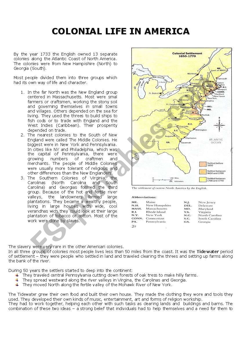 Colonial Life in America worksheet