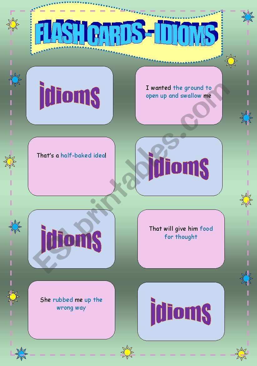Conversational Flash cards - Idioms, Colour and B&W versions with activities - 9 pages