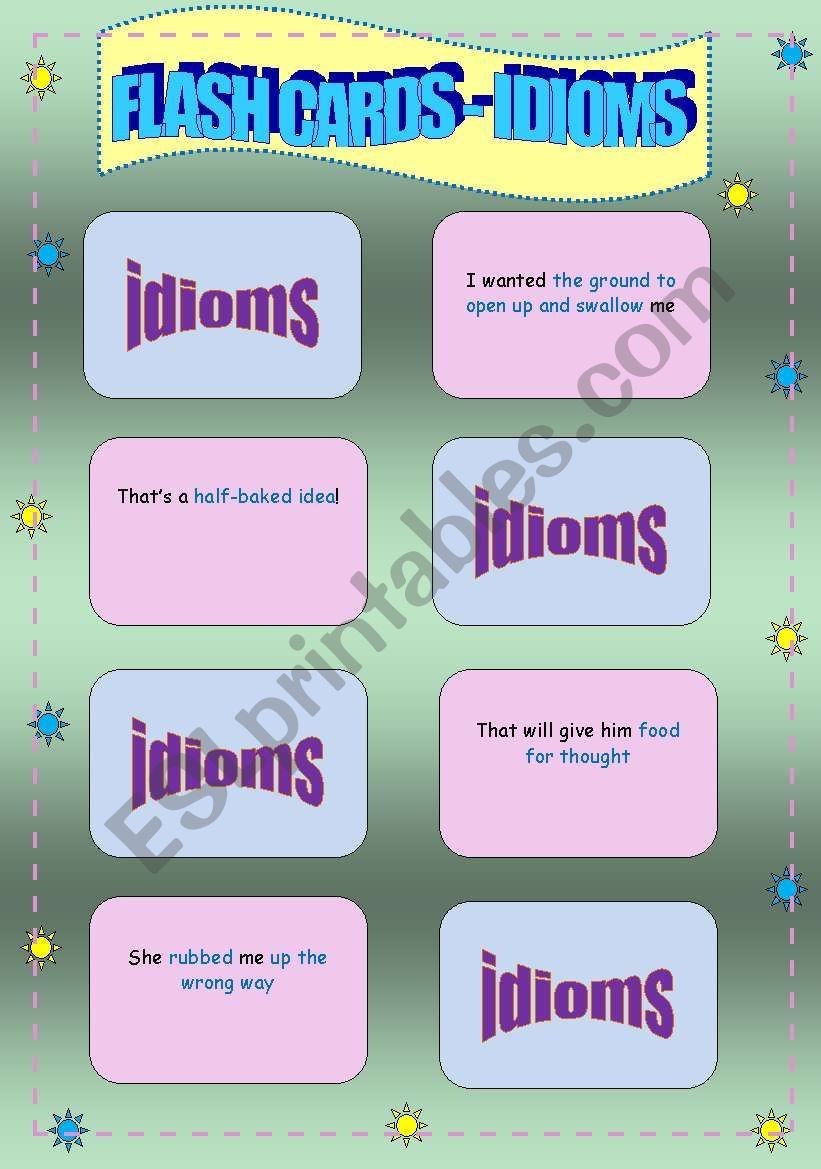 Conversational Flash cards - Idioms, Colour and B&W versions with activities - 9 pages