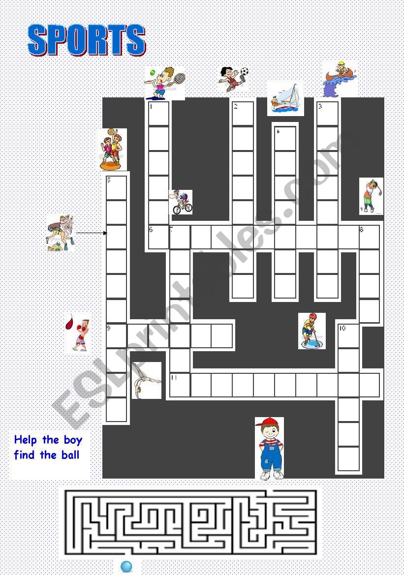 sports crossword and maze worksheet