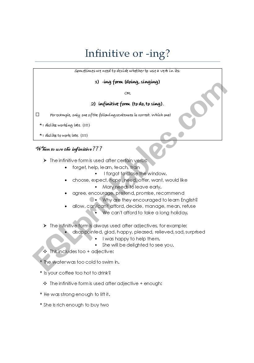ing vs inf worksheet