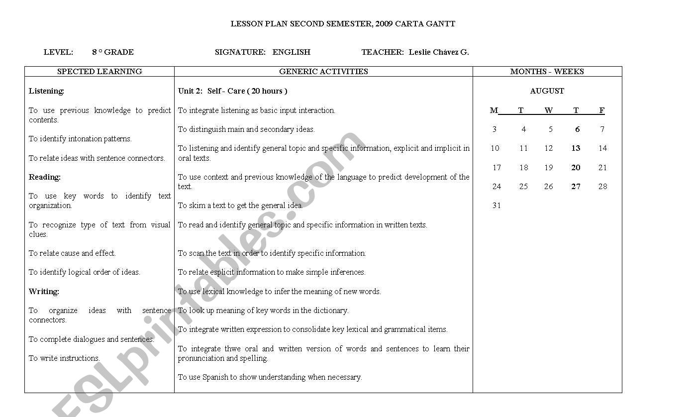 lesson plan second semester worksheet