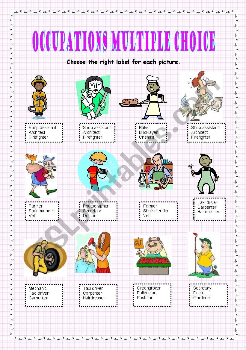 Occupations Multiple Choice worksheet