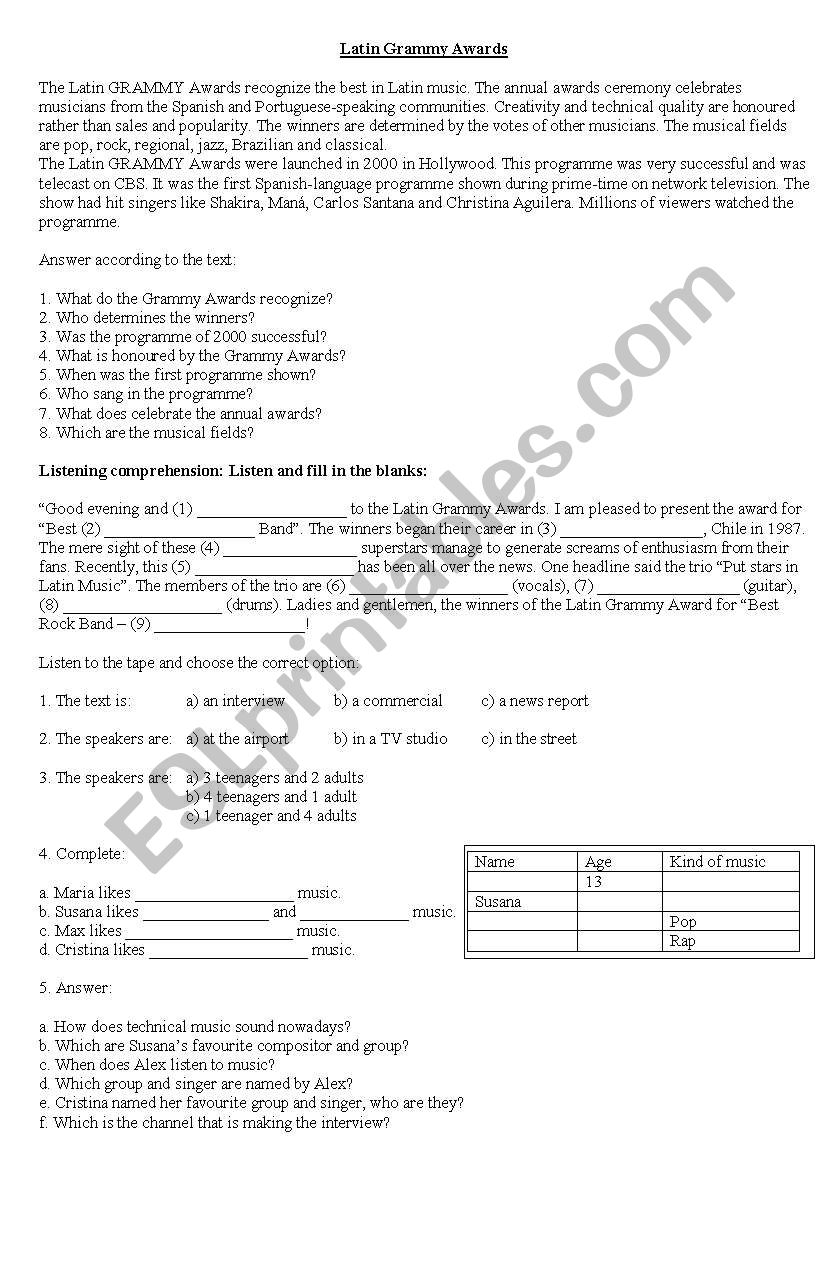 Latin Grammy Awards worksheet