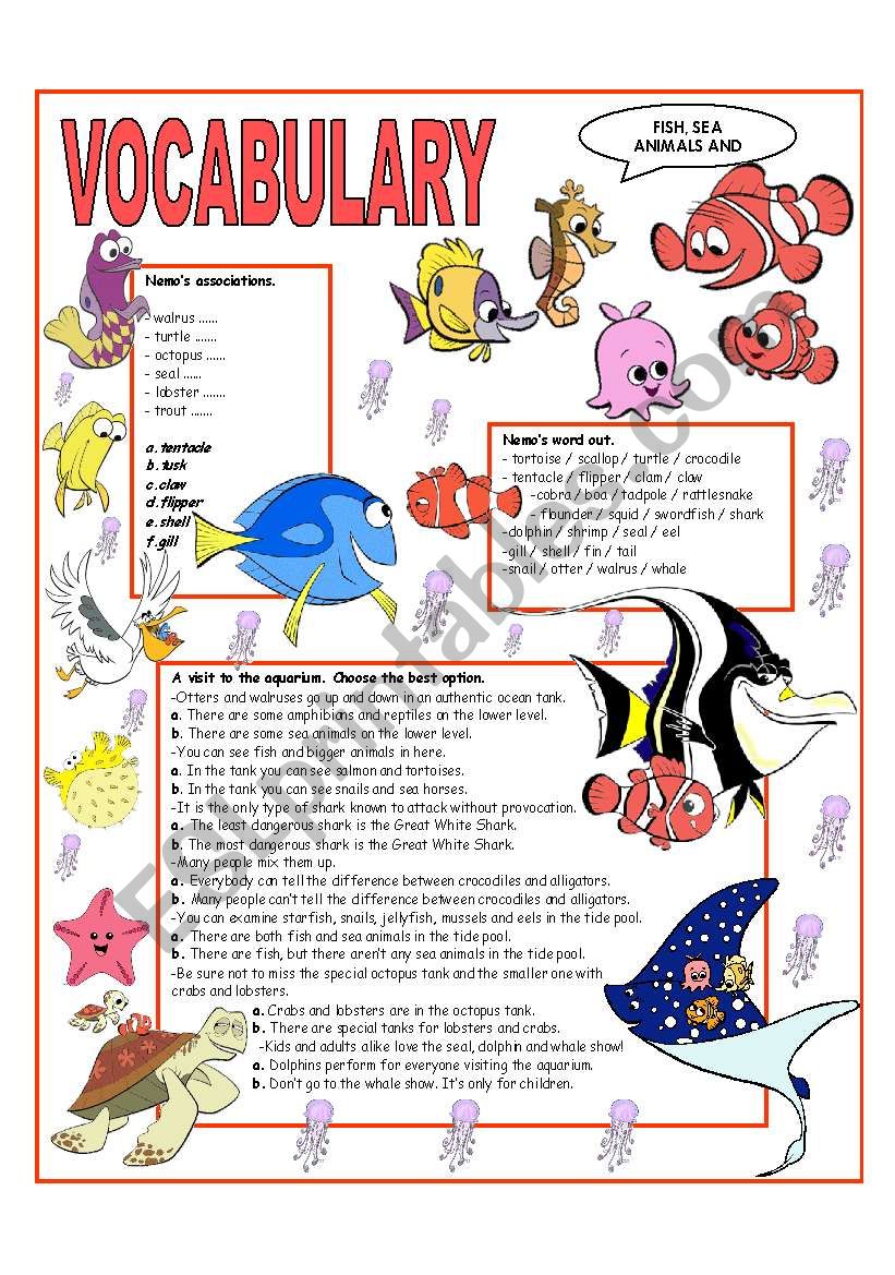 RECYCLING VOCABULARY - TOPIC: FISH - SEA ANIMALS AND REPTILES. Elementary and up
