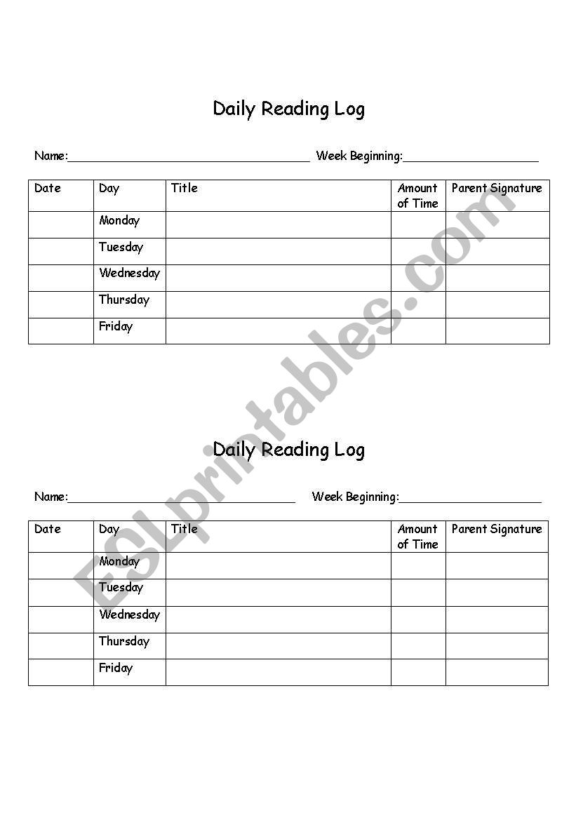 reading  log worksheet