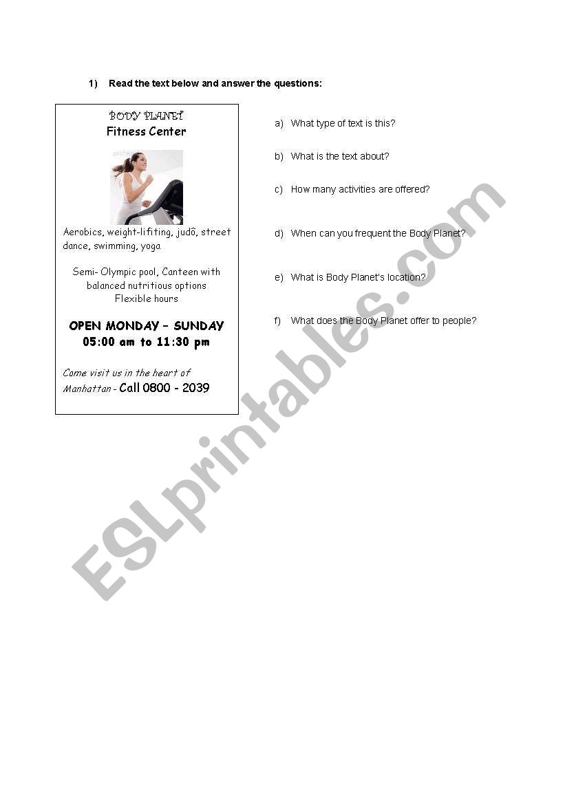 Fitness Center (Advesiment) worksheet