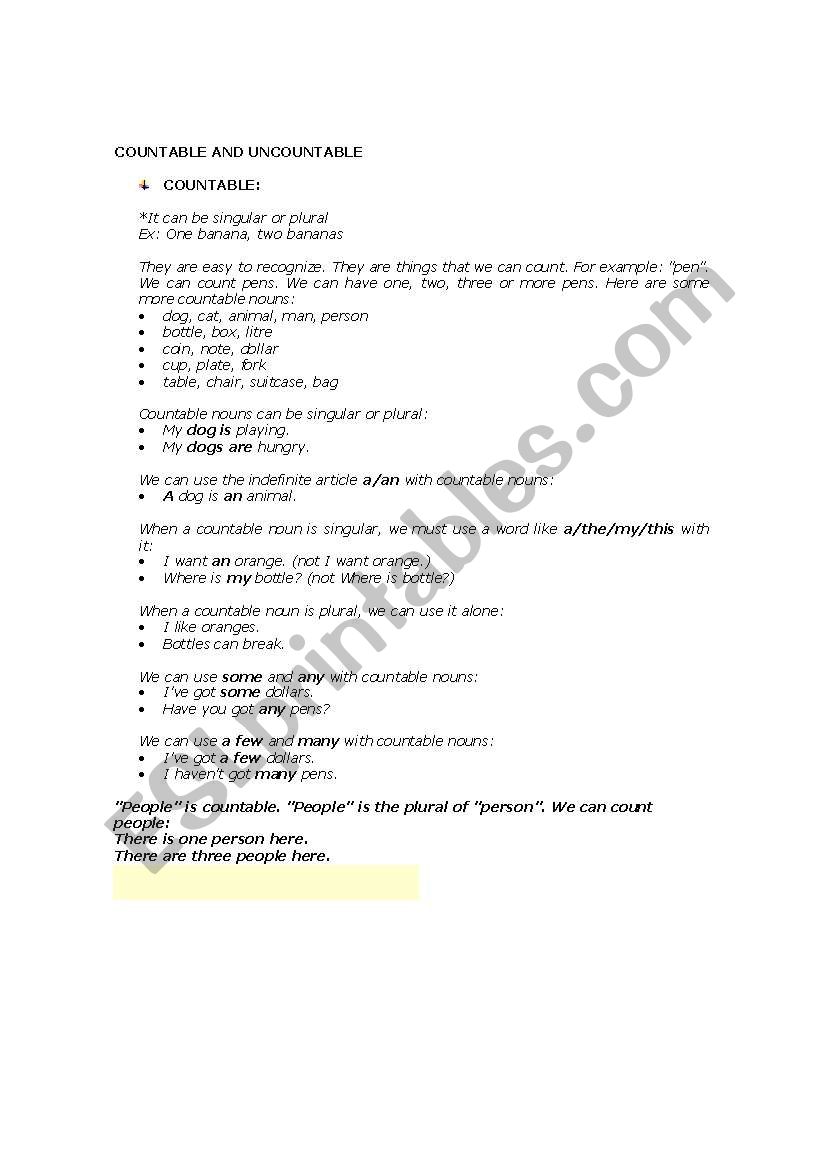 Countable and Uncountable worksheet