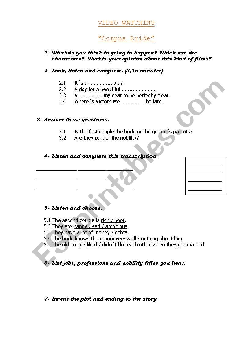 Corpus Bride film worksheet