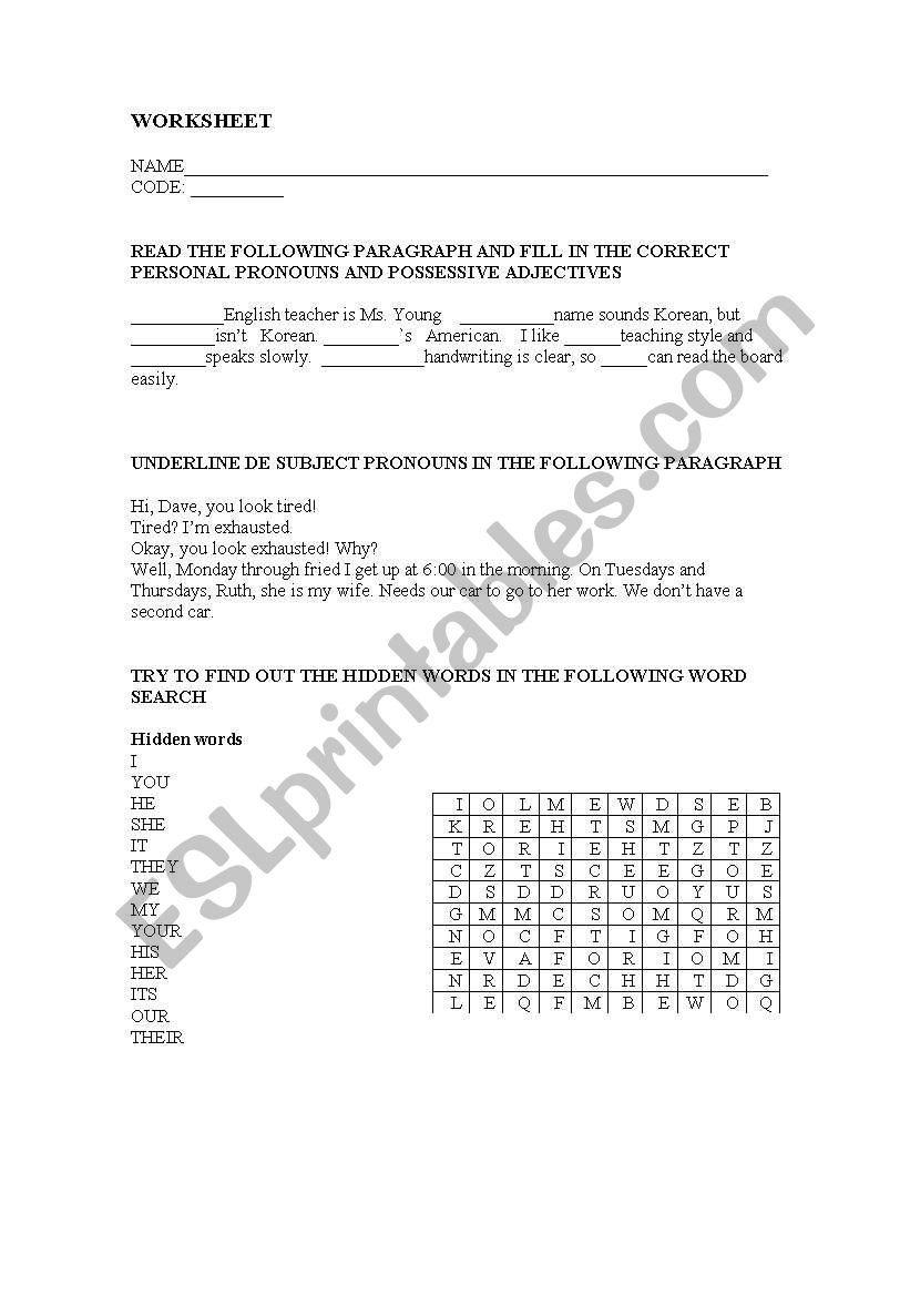 Personal Pronouns worksheet worksheet