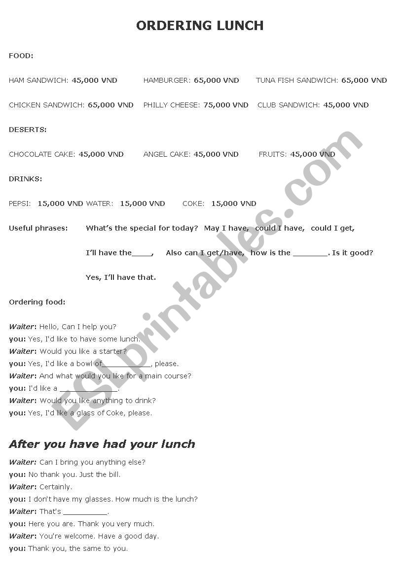 ORDERING LUNCH worksheet