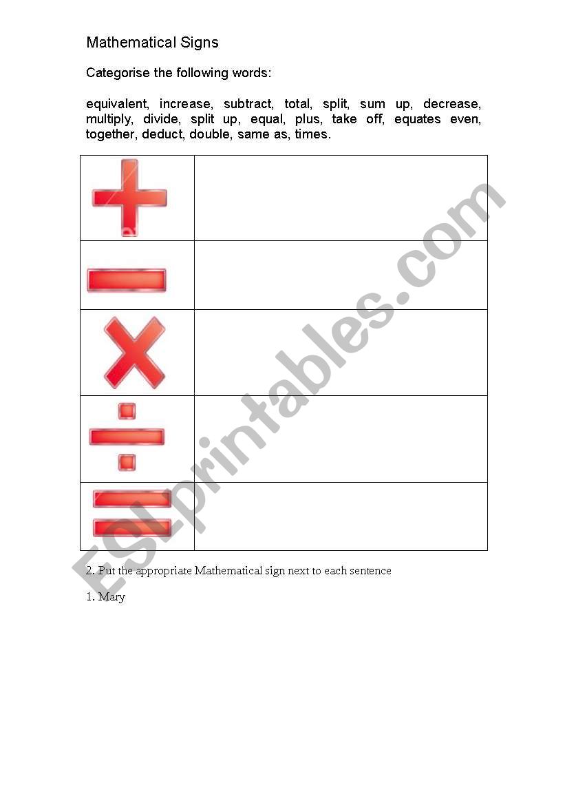 Mathematical Signs worksheet