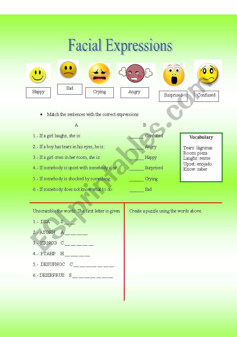 English Worksheets Facial Expressions