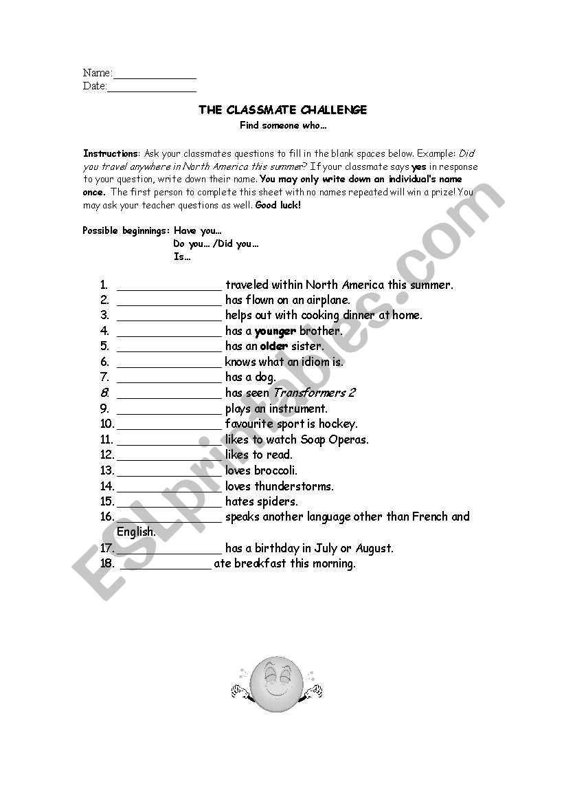 The classmate challenge worksheet