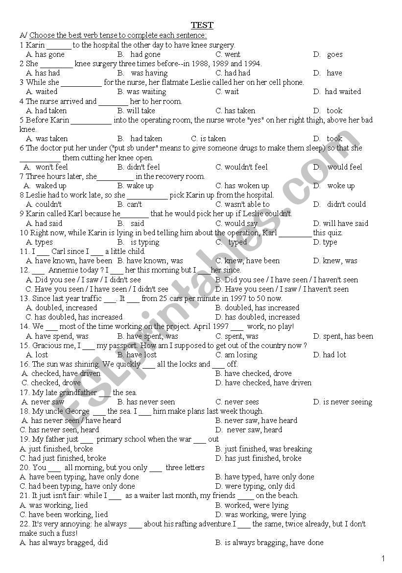   various exercise  on verb tenses