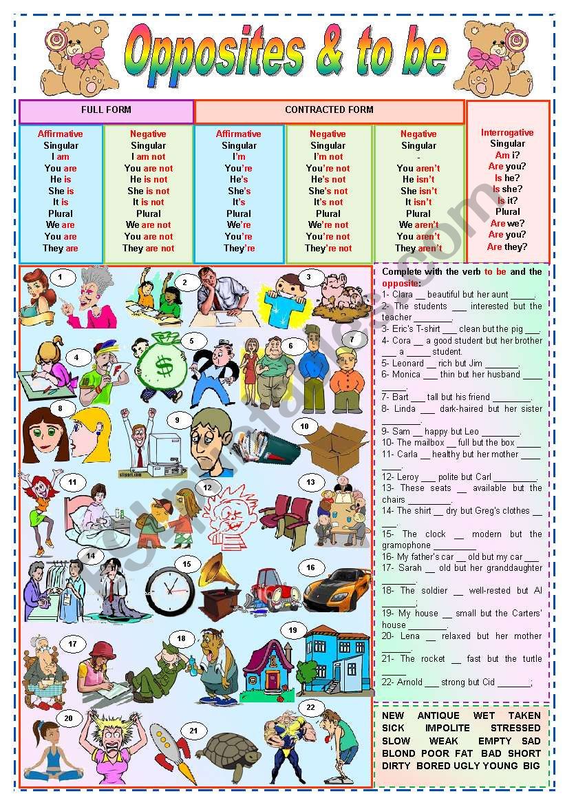 Opposites & to be - grammar + vocabulary + exercises (fully editable)