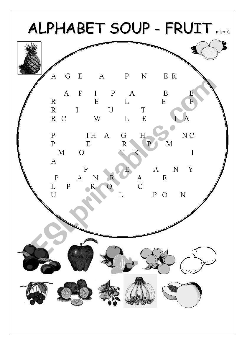 Fruit- alphabet soup worksheet