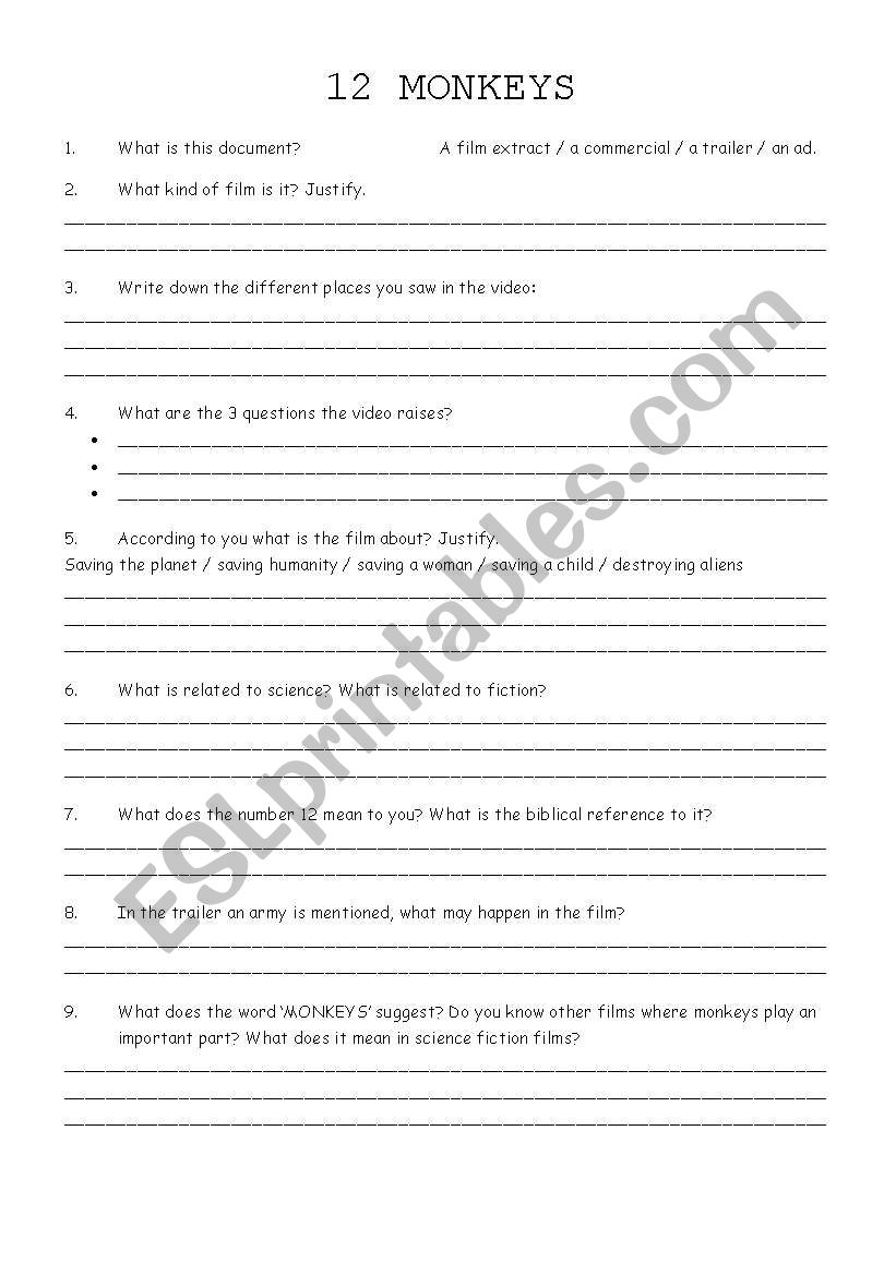 12 monkeys worksheet