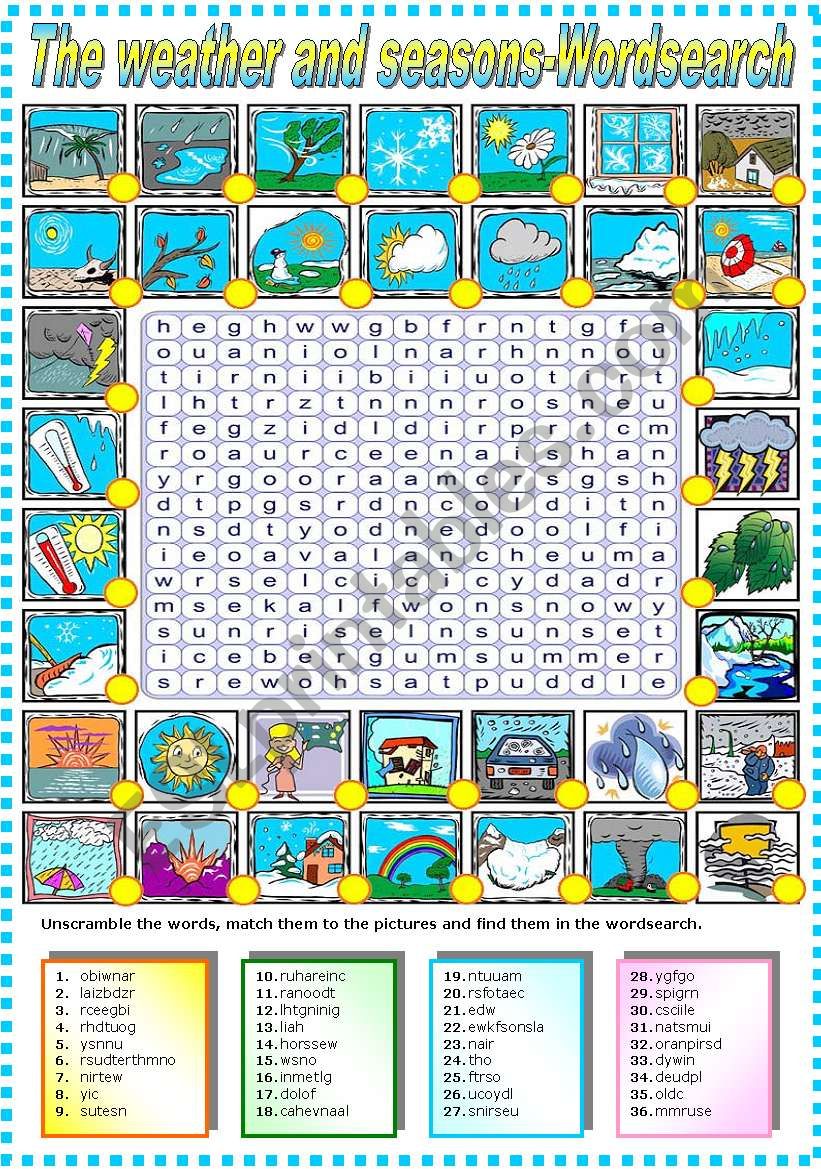 THE WEATHER AND SEASONS - WORDSEARCH (B&W VERSION INCLUDED)