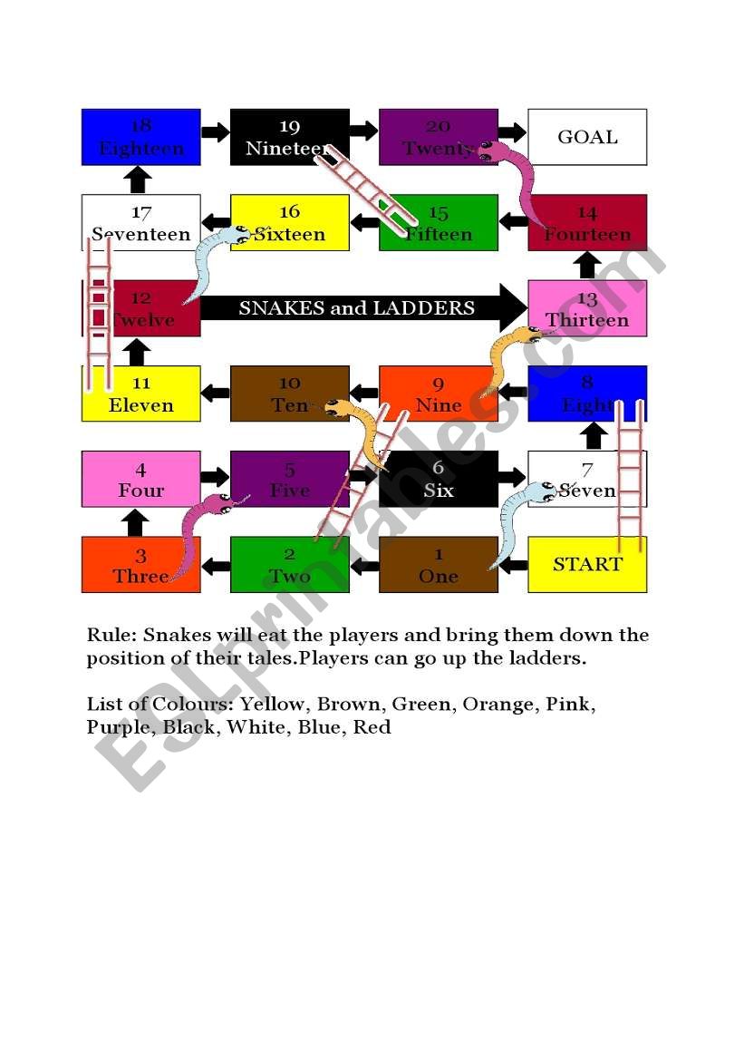 Snakes and Ladders 1-20 worksheet