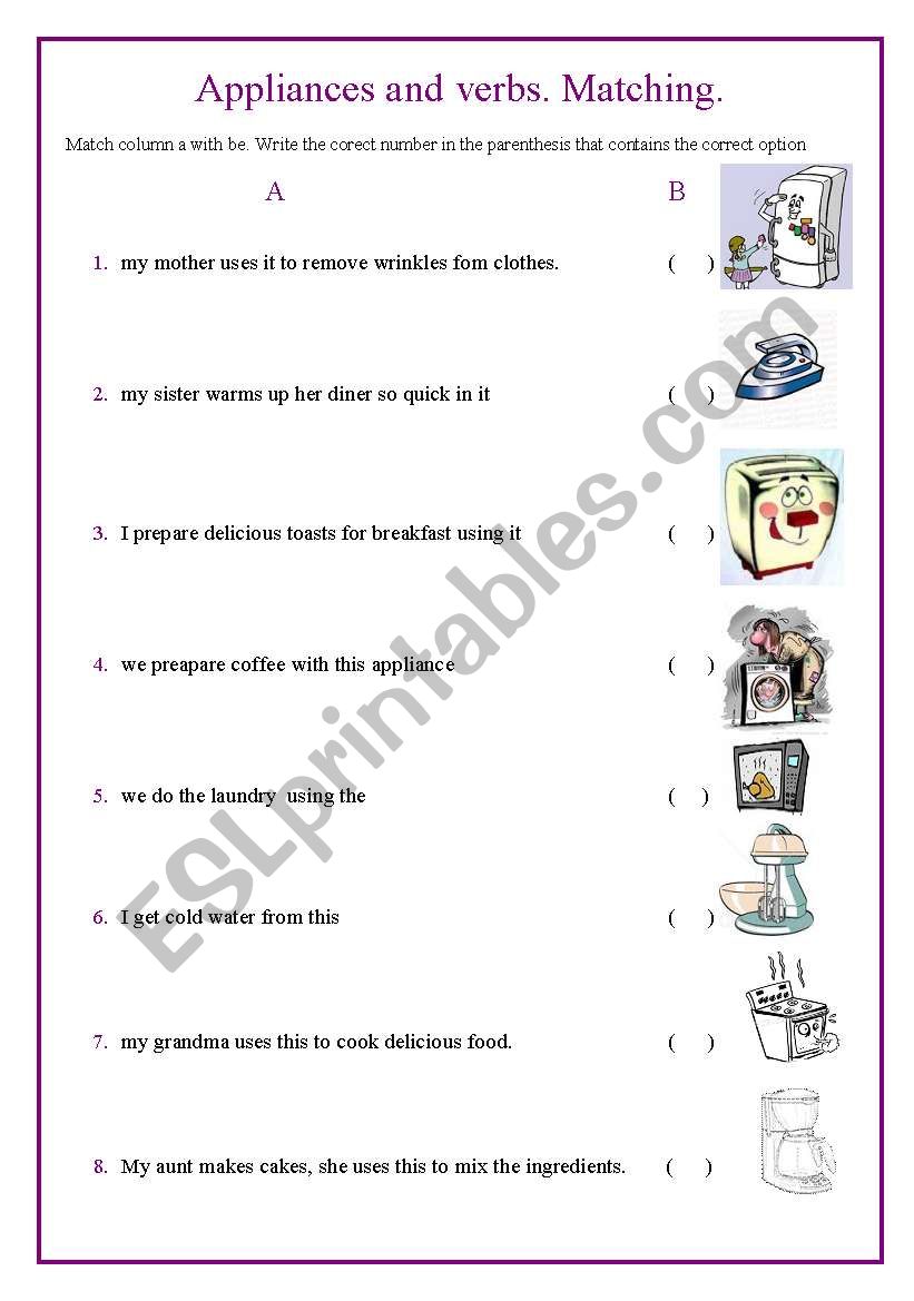 Appliances and verbs worksheet