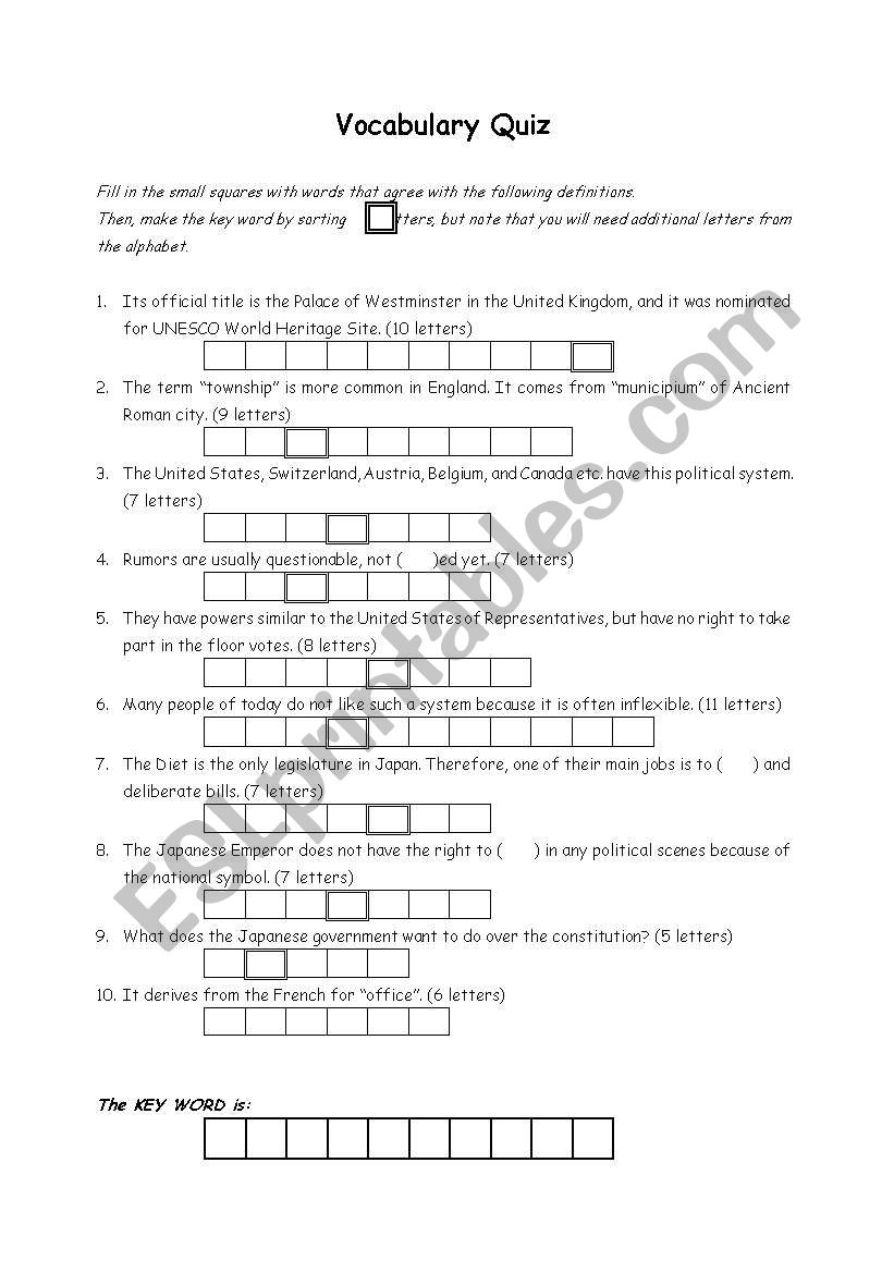 Politics Vocabulary Quiz worksheet