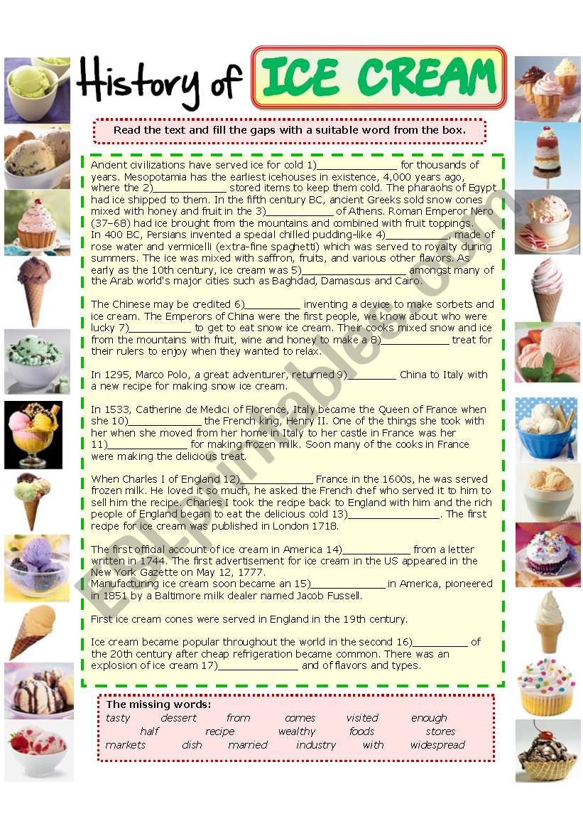 History of ICE CREAM worksheet