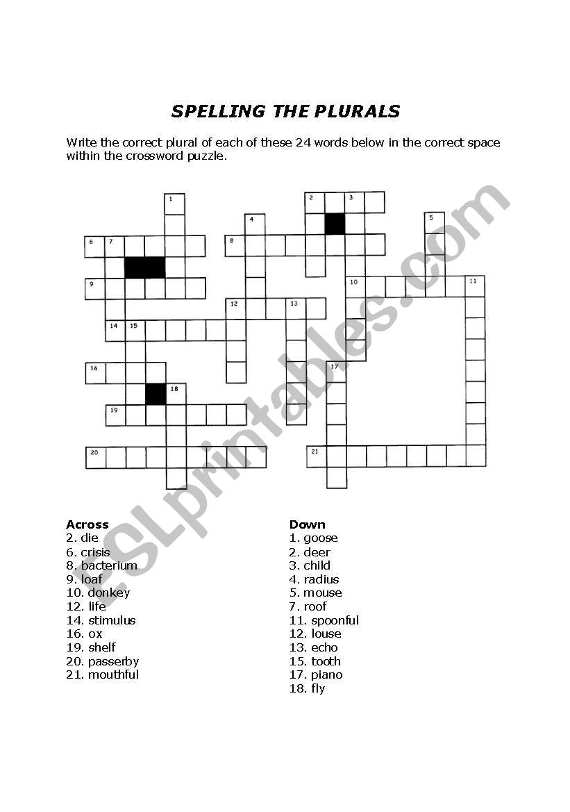 Crossword puzzle: PLURALS worksheet