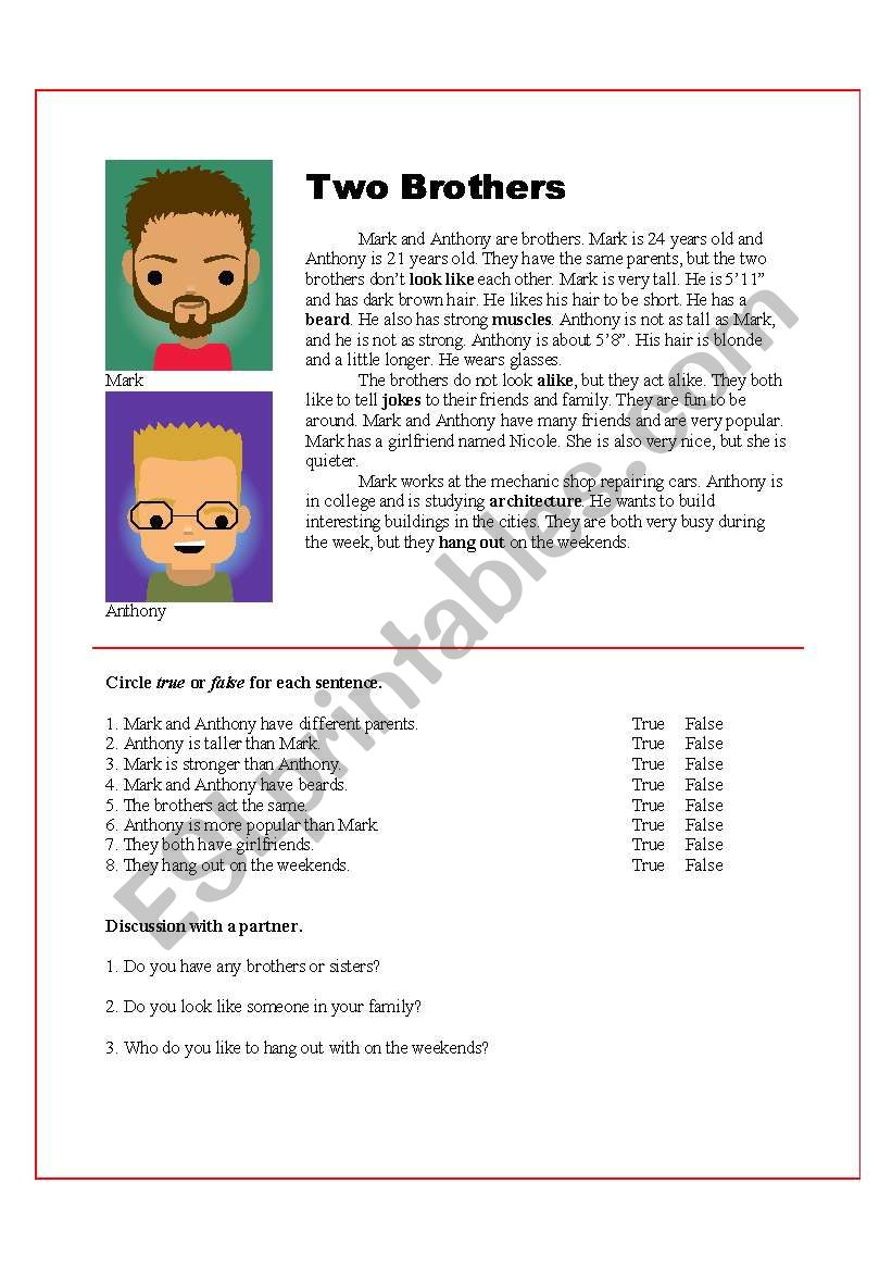 Two Brothers worksheet