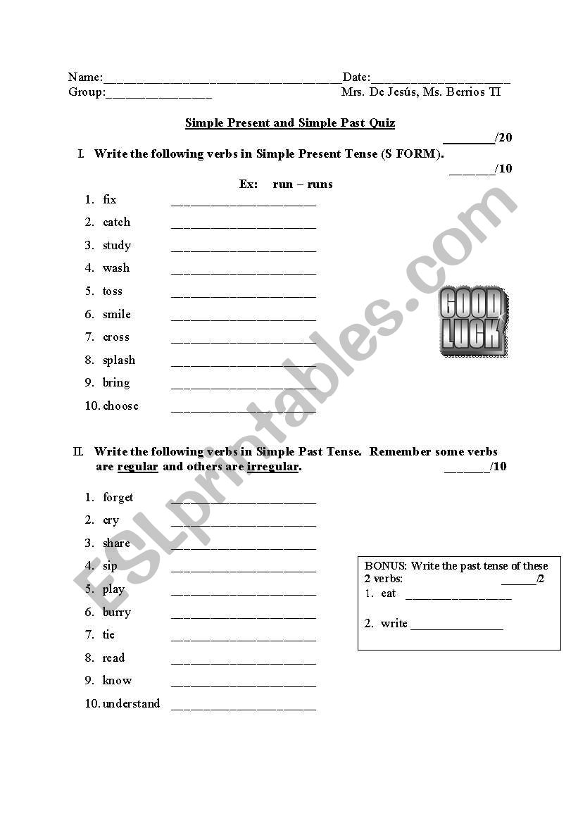 Present and past verb quiz worksheet