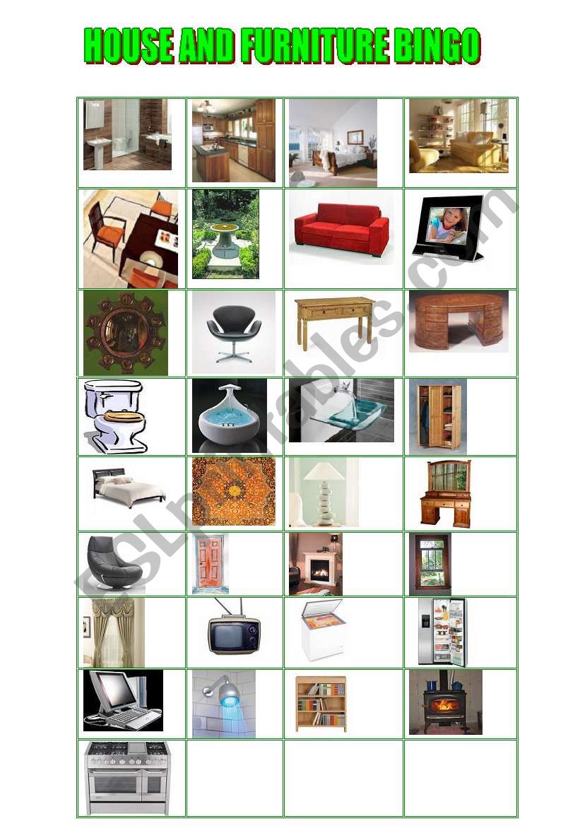 House and furniture bingo worksheet