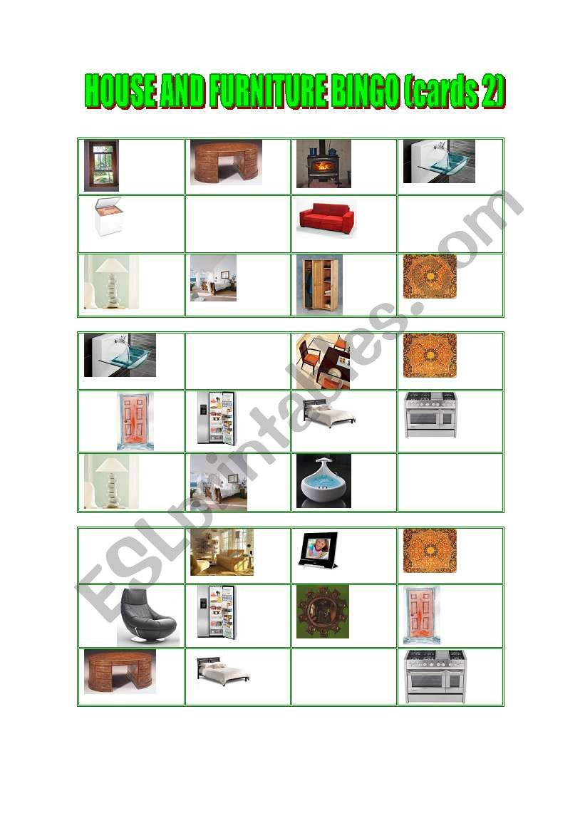 House and furniture bingo worksheet