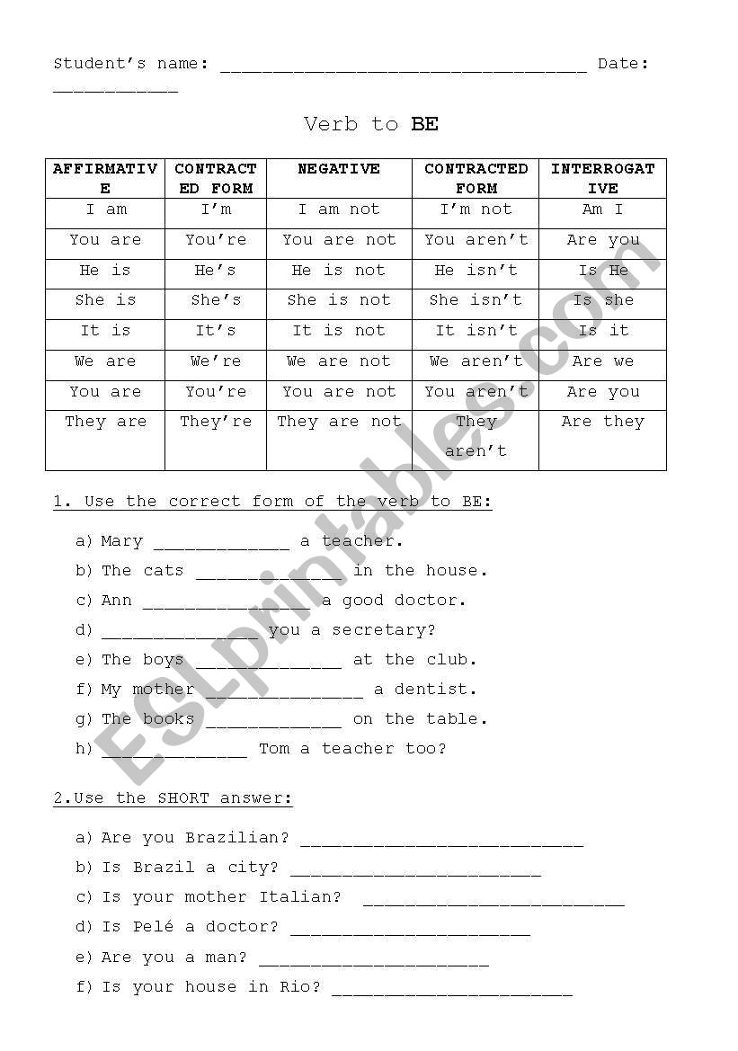 verb to BE worksheet