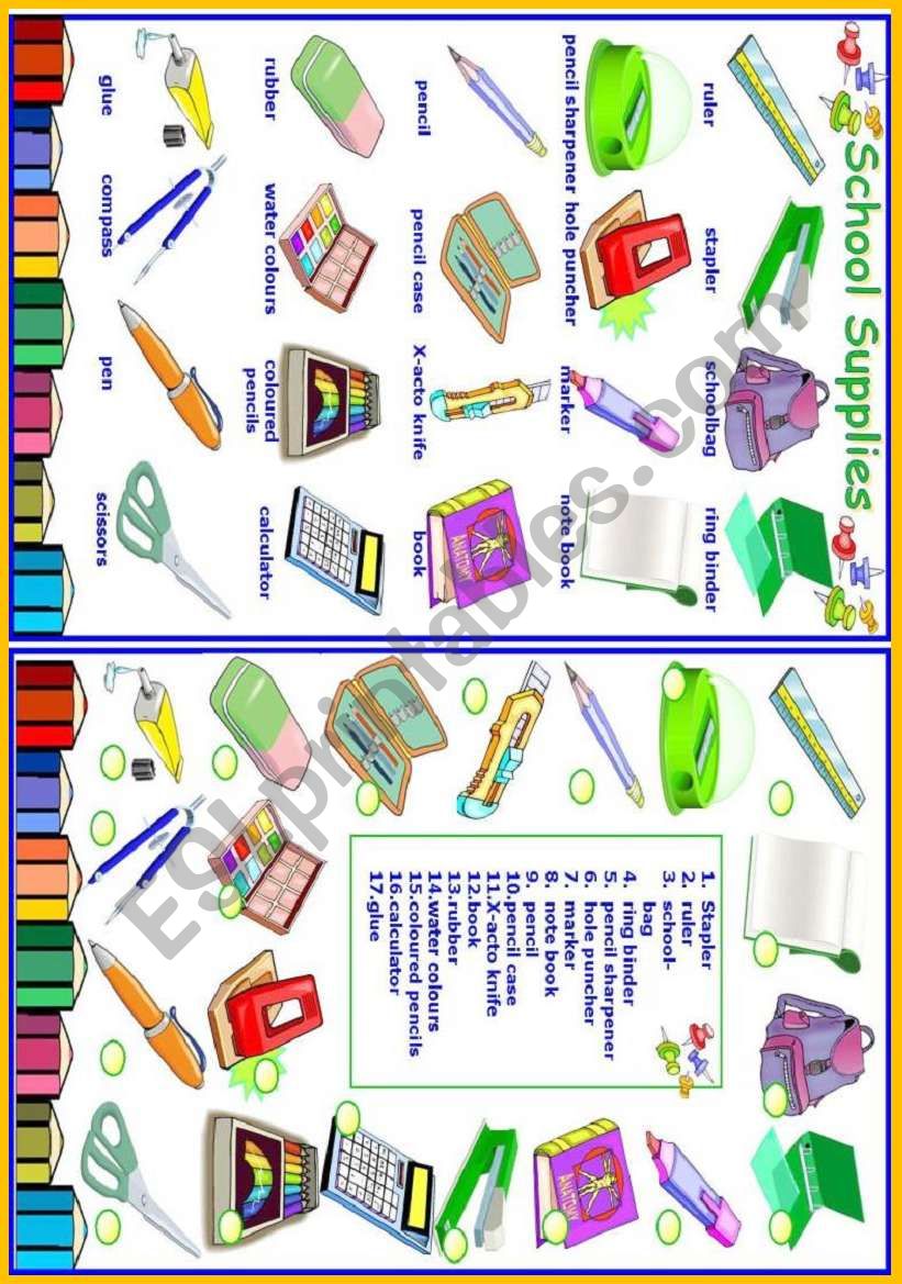 School supplies worksheet