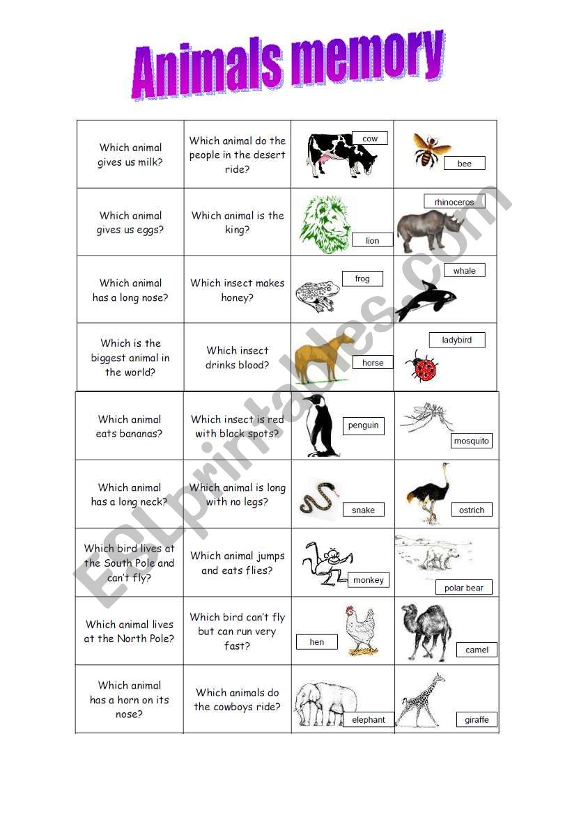 Animals memory worksheet